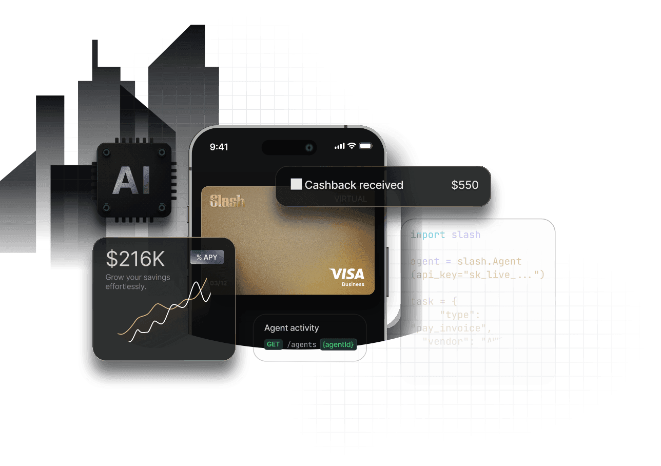 Slash platform showing credit card, treasury savings, cashback notifications, API code, and AI agent activity