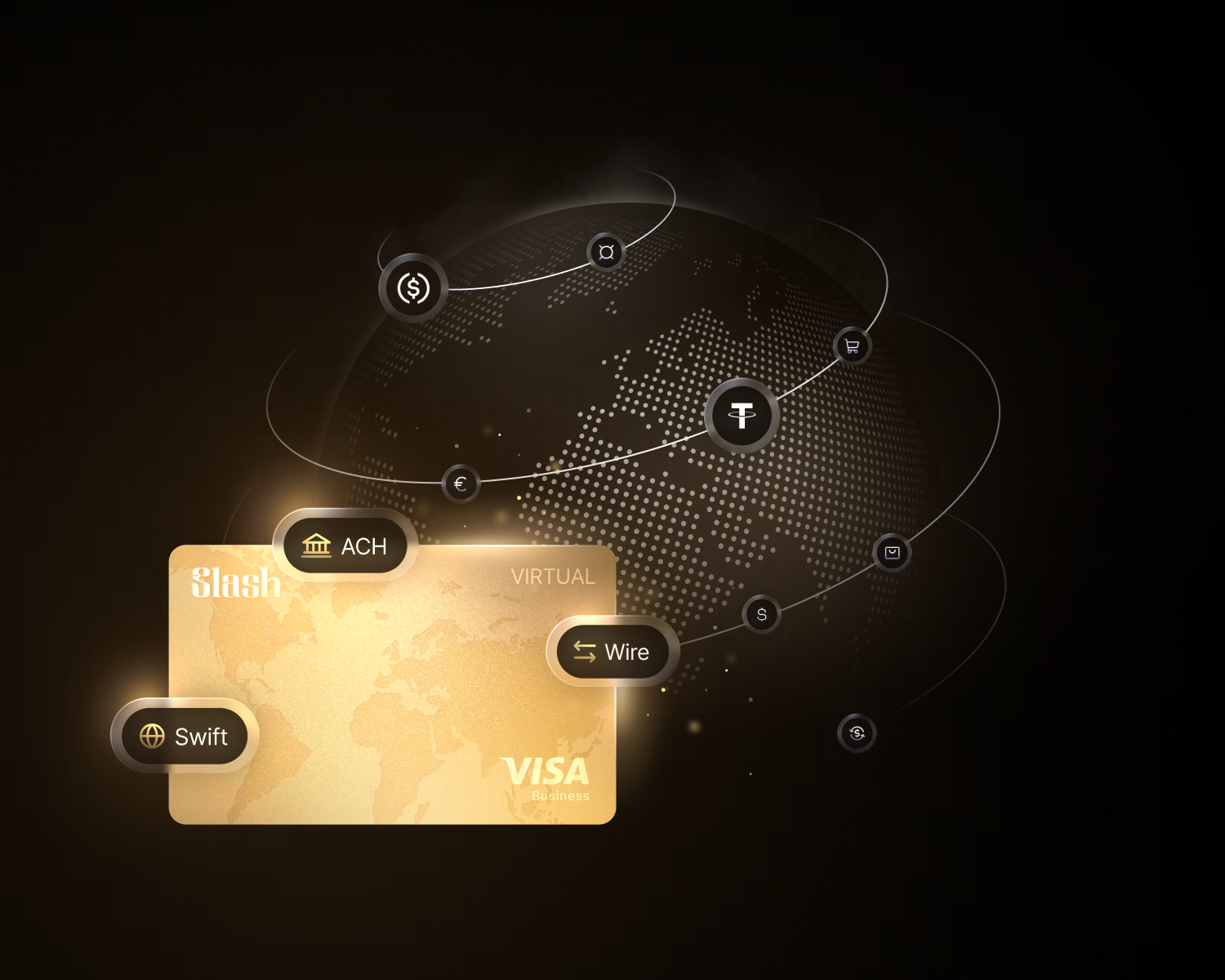 Slash Global Card with globe showing ACH, Wire, Swift, and USDT payment rails