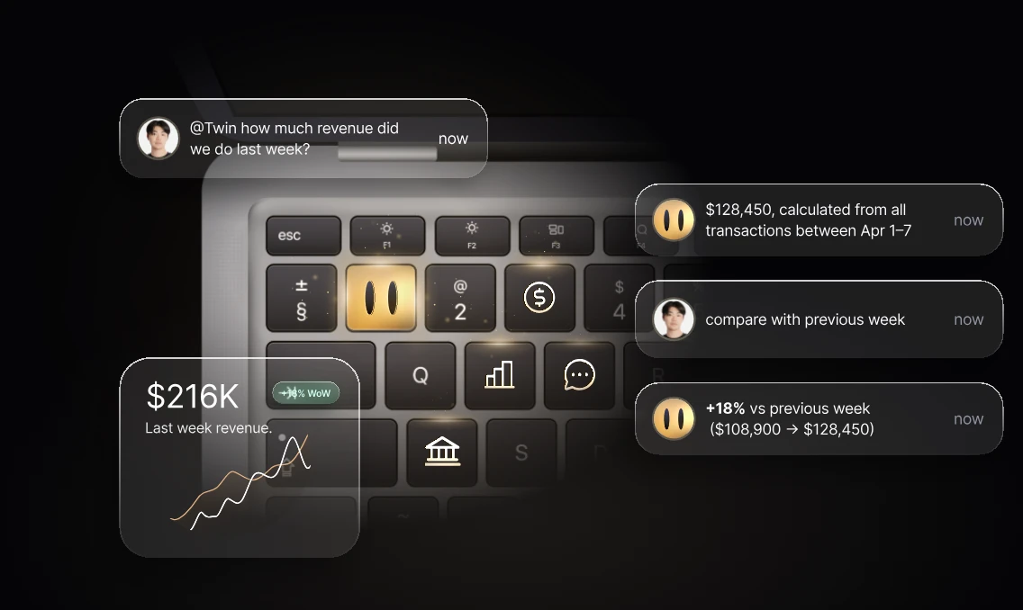 Twin AI assistant responding to financial questions in Slack — showing revenue lookups, transaction breakdowns, and week-over-week comparisons
