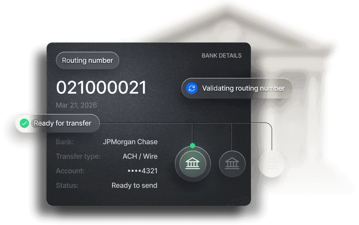 Routing number validation showing bank details and transfer status